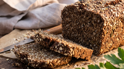 Angeschnittenes Körnerbrot mit vielen Saaten auf dem Brett