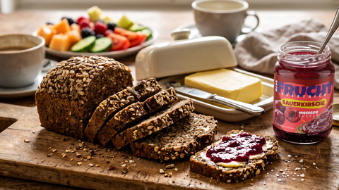 Sonntagsfrühstück mit Körnerbrot, Butter und Fruchtaufstrich Sauerkirsche