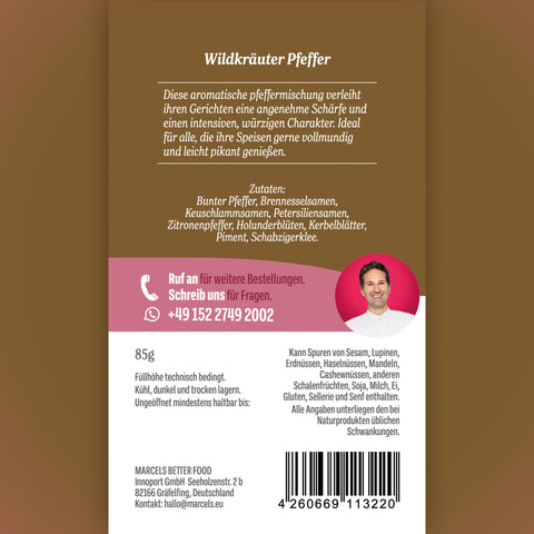 Wildkräuter-Pfeffer 85 g – Rückseite mit Zutaten und Anwendung
