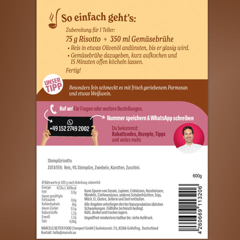 Steinpilz-Risotto 600 g – Rückseite mit Zutaten und Zubereitung
