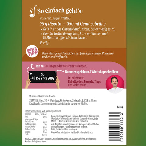 Basilikum-Walnuss-Risotto 600 g – Rückseite mit Zutaten und Zubereitung